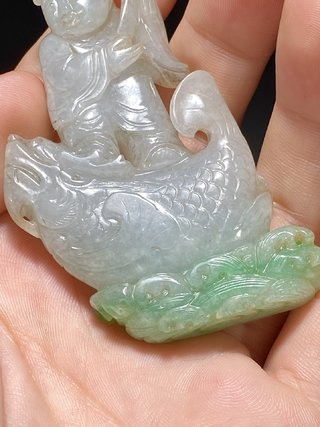 翡翠|清乾隆 老坑翡翠 童子戏鱼 鱼跃龙门 把件 挂件摆件