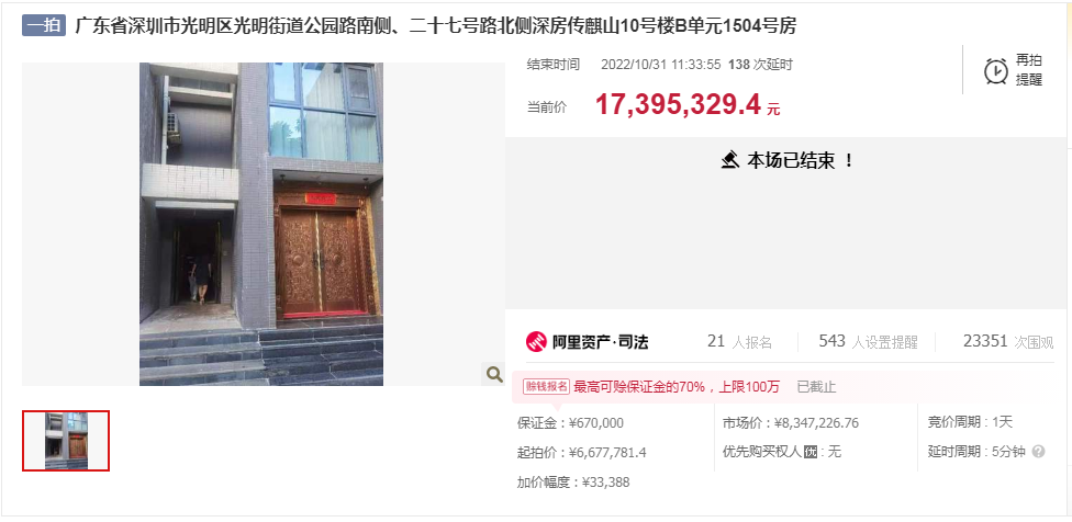 稳！95套，7.7亿！深圳法拍房10月成交数据总结！