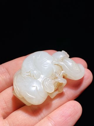 |清 和田玉白玉 持鸟童子 童子戏鸟 把件