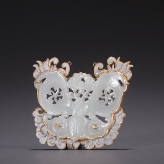 蝴蝶|银鎏金点翠镶和田玉蝴蝶型挂件