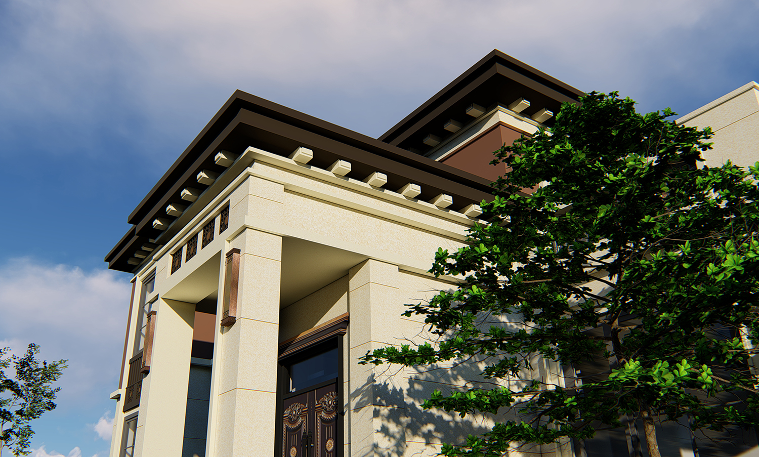 土建造价参考50.3万,面宽17.1m×进深11.7m 二层新中式风格别墅