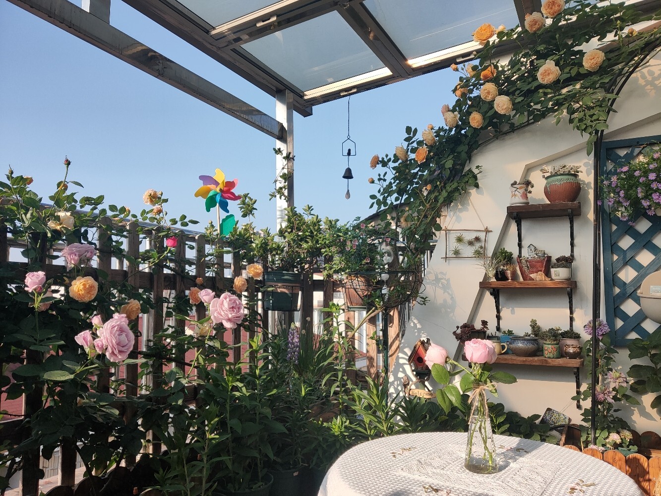 五年前买了顶楼,送了个10㎡小露台,自己折腾成空中花园,太美了