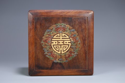 |晚清，黄花梨五福捧寿盖盒