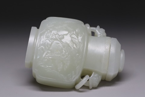 和田玉籽料|舊藏和田玉籽料“松下高士童子图方瓶”.