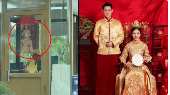 一女子在结婚两年后,无意中经过以前结婚办酒席的酒店楼下,没想到却看到了自己当年结婚的迎宾照!