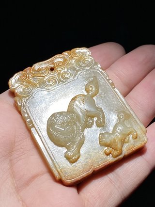 和田玉籽料|明 和田玉籽料 太狮少狮 玉牌 挂件