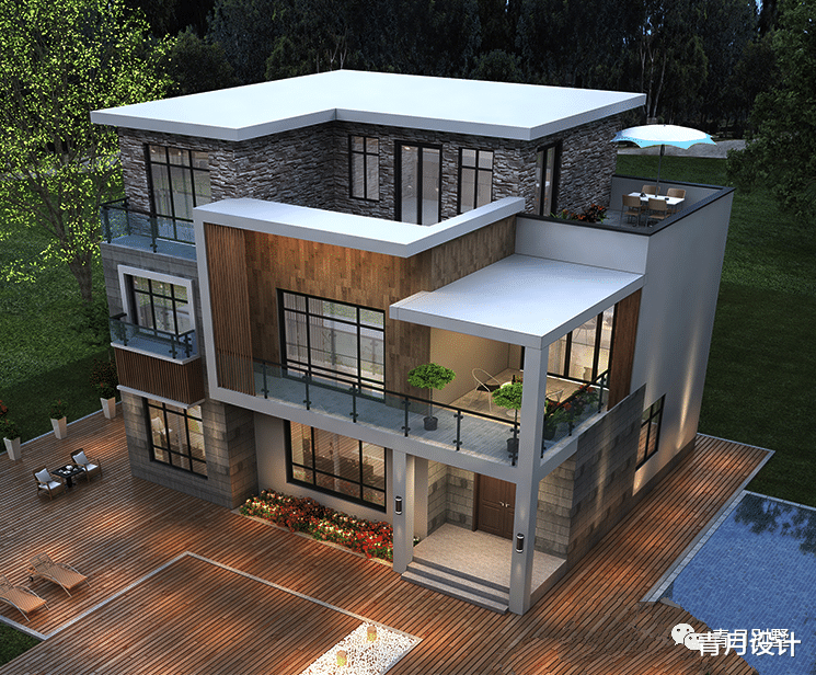 别墅|14×12米三层现式小别墅,真石漆与文化石的结合,演绎多层次美