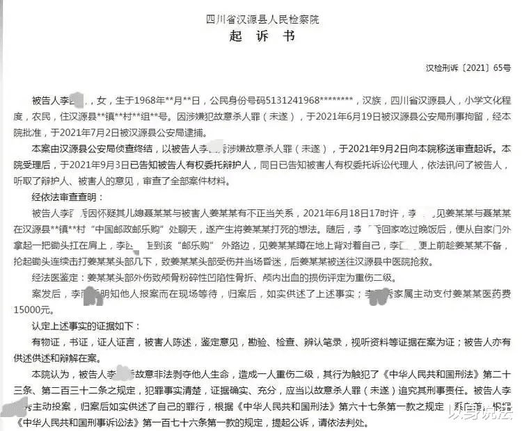 婆婆发现儿媳出轨后,回家找来锄头击打男子头部,婆婆因故意杀人罪被起诉