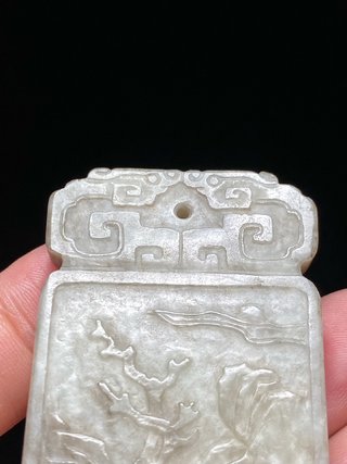 和田玉籽料|明 和田玉籽料 阳刻 山水人物 诗文牌 文玩牌