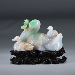 漆器|旧藏：翡翠“鹅如意”摆件（带座）