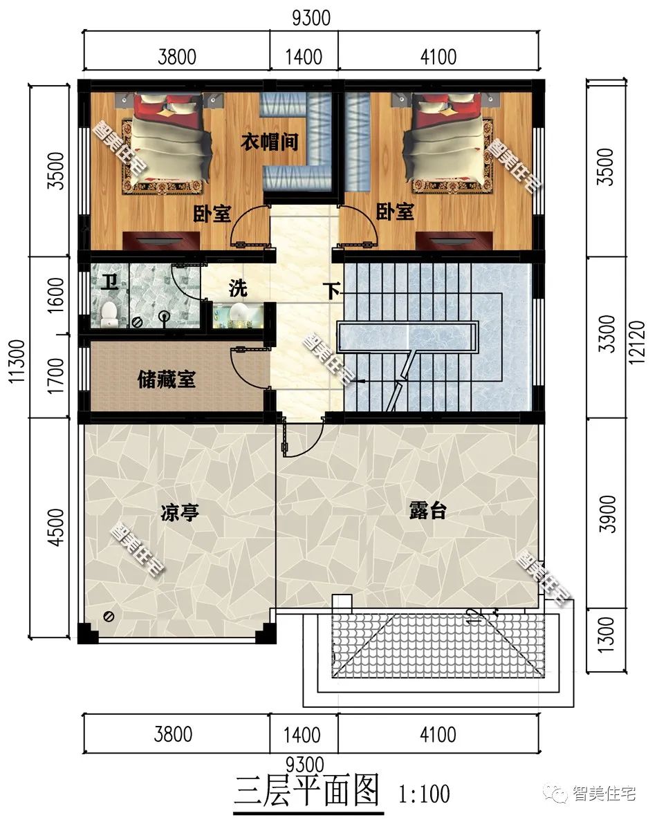 开间9.3米农村小别墅，首层设计有堂屋，室内通透采光好