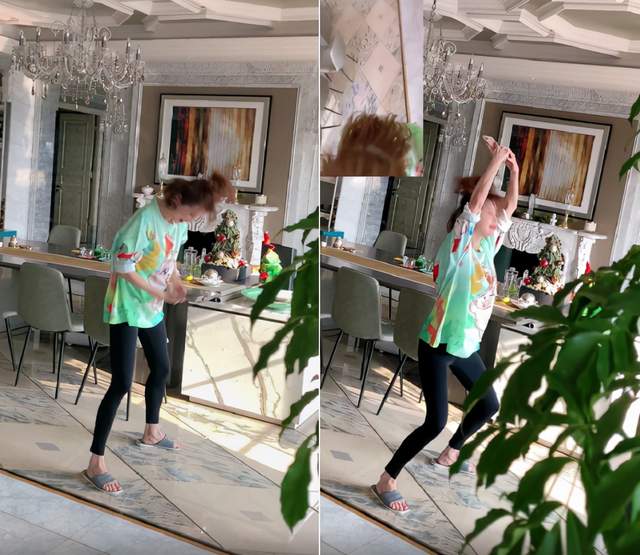 52岁金巧巧豪宅内跳舞！穿紧身裤秀一双筷子腿，被偷拍后仓皇逃跑