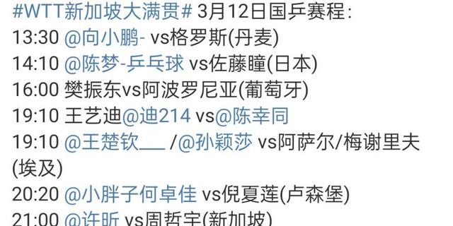 格兰特|陈梦、樊振东等10大国手打8场比赛！新加坡大满贯赛今日赛程出炉