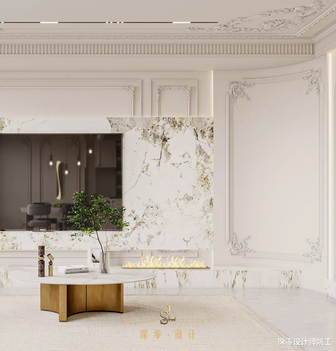 155㎡复式简约,角花线条编排弧形吊顶,优雅的花色电视墙让人痴迷