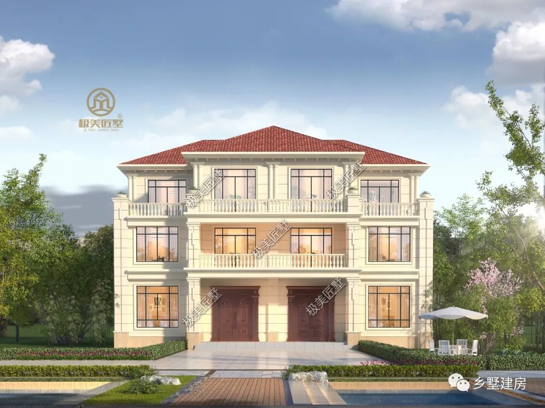 20X13.9米,大气对称的简欧式双拼,村里来一栋生活没烦恼