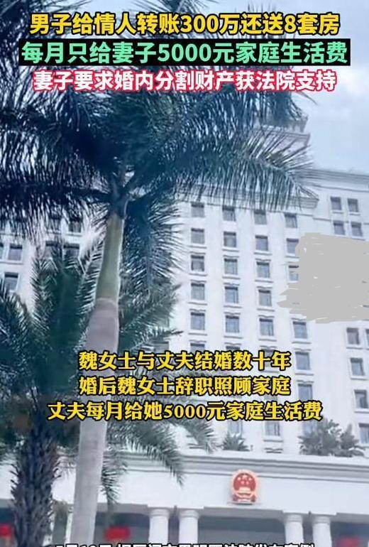 厦门男子给情人转账几百万送8套房,每月只给辞职顾家的妻子5千