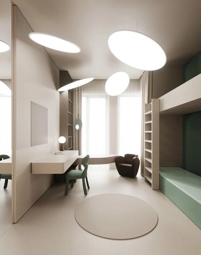 200㎡极简时尚风,优雅线条、盘状灯具,大胆配色,设计高级独特