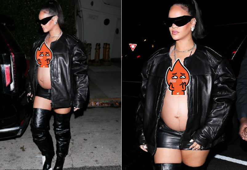 蕾哈娜|蕾哈娜穿皮衣现身街头!不扣拉链露圆滚滚孕肚,一条妊娠线太抢镜