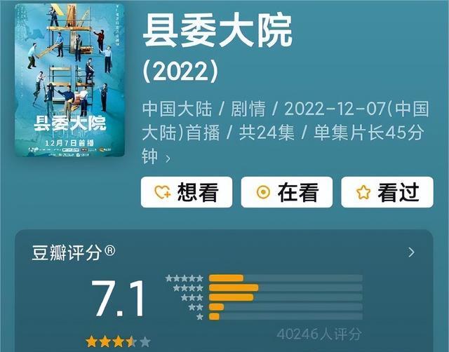 胡歌|由胡歌、吴越、张新成主演的《县委大院》豆瓣开分7.1，有点低了