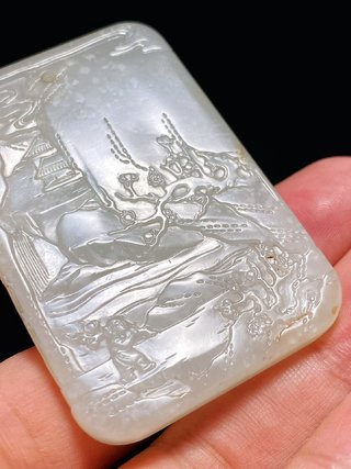 绿松石|清乾隆 和田玉籽料 脂白玉 踏雪寻梅 诗文牌 挂件 古香