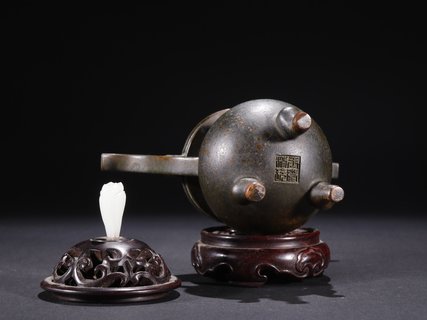 紫檀|晚清【老铜制 紫檀镶和田玉 香薰炉】