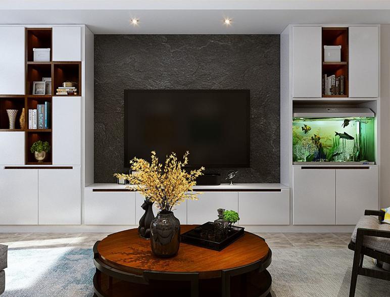 119平背景墙是纯白色内嵌式柜子,柜子开放格居然还装了鱼缸