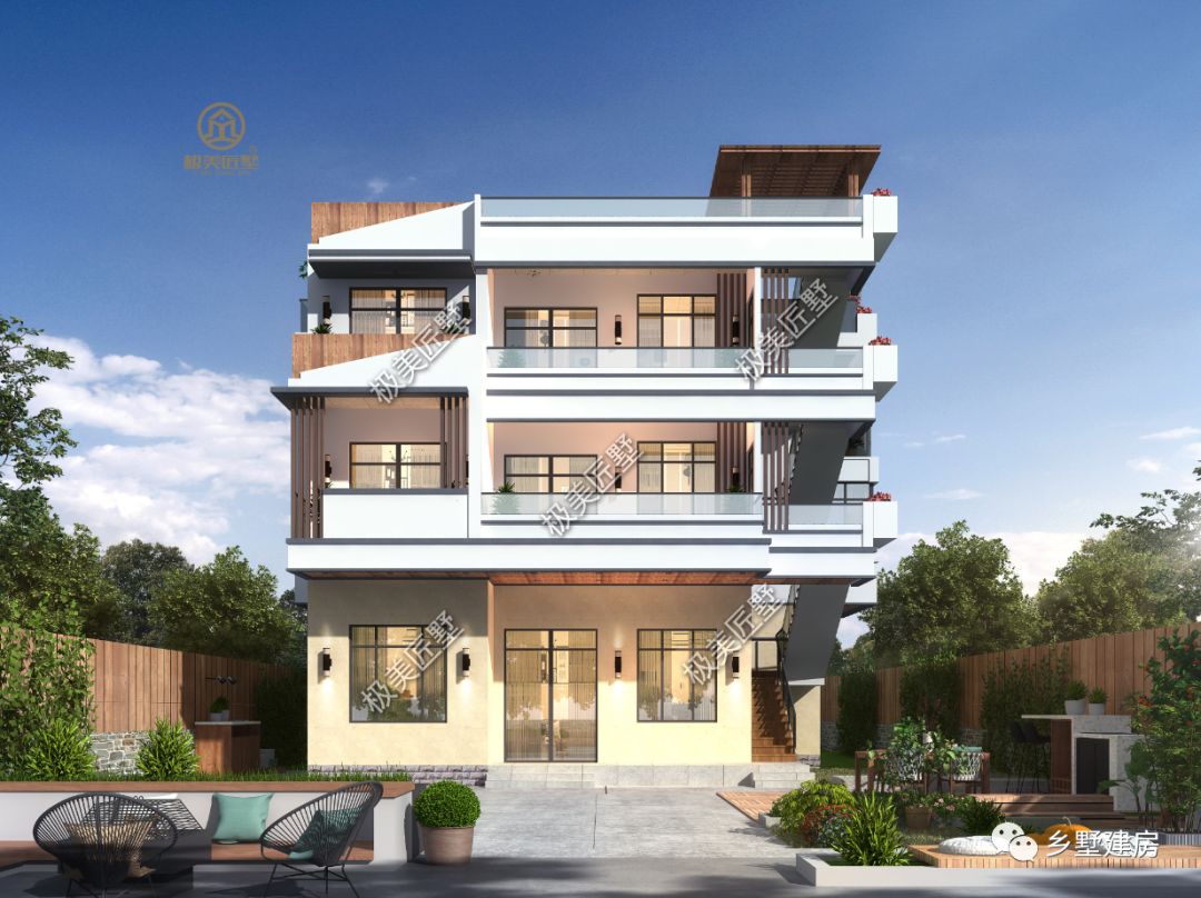 占地尺寸12X10米,三层现代风别墅,简单大气