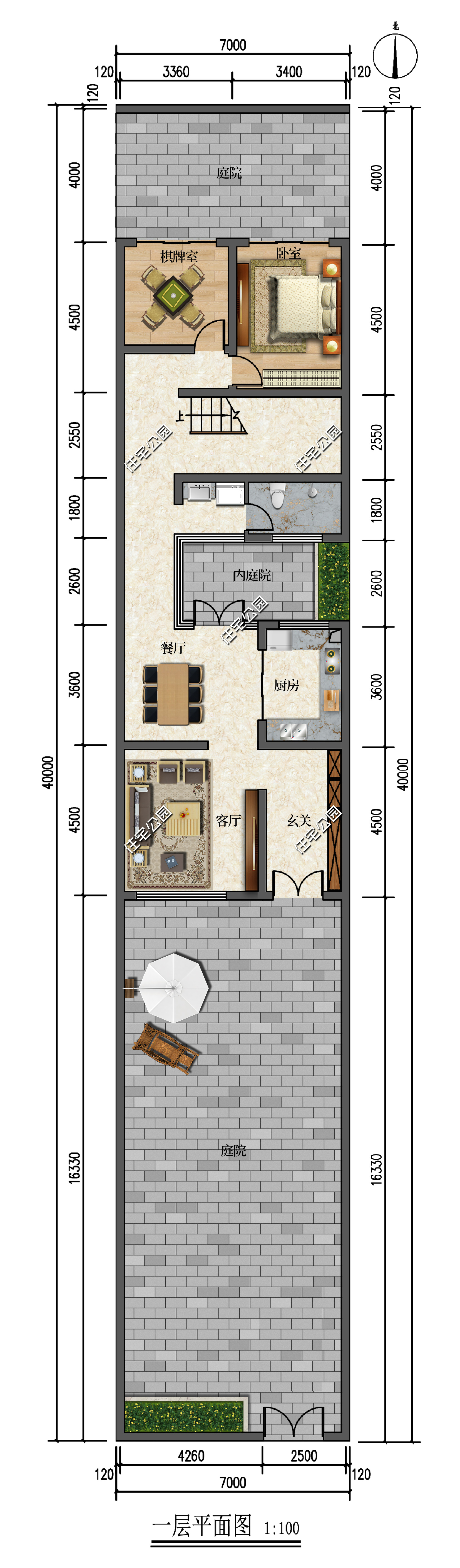 7×20米东西墙无窗的现代二层别墅,天井设计轻松解决采光问题