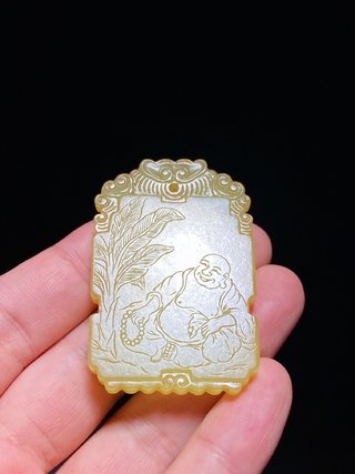 工艺美术|清 和田玉籽料 黄玉 弥勒佛 大肚佛 诗文牌 挂件