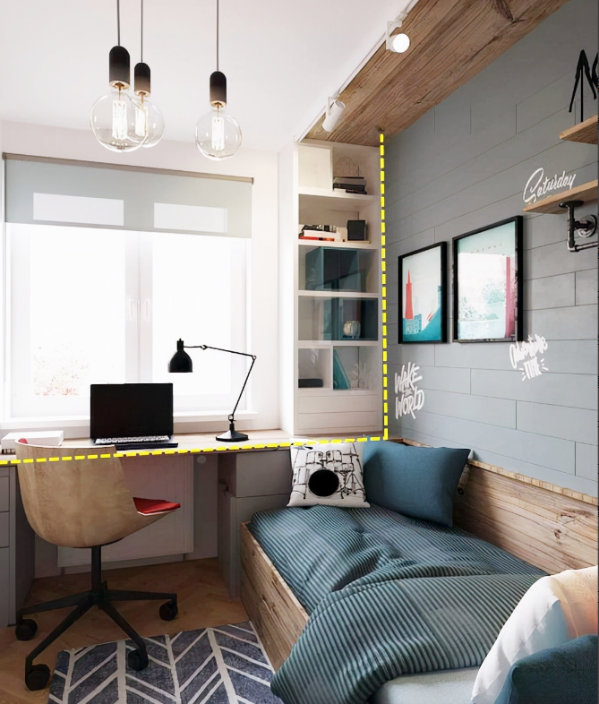 若你遇到床非得靠窗,请记得加个矮柜,1 ㎡能形成5 ㎡的收纳效果