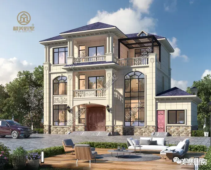 18×10米,三层简欧别墅,厨房另置在偏房,适合农村建。