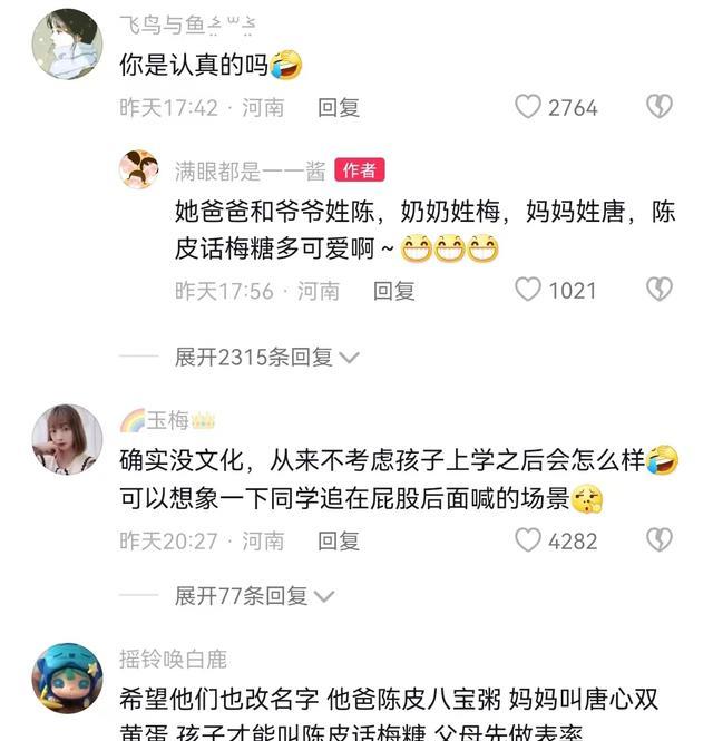 河南驻马店父母给女儿取名“陈皮话梅糖”,网友:实力坑娃