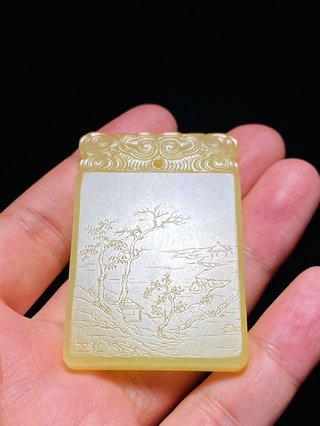 玉籽料|清中期 和田玉 黄玉籽料 溪山高隐图 诗文牌 宏晋款 拨划工