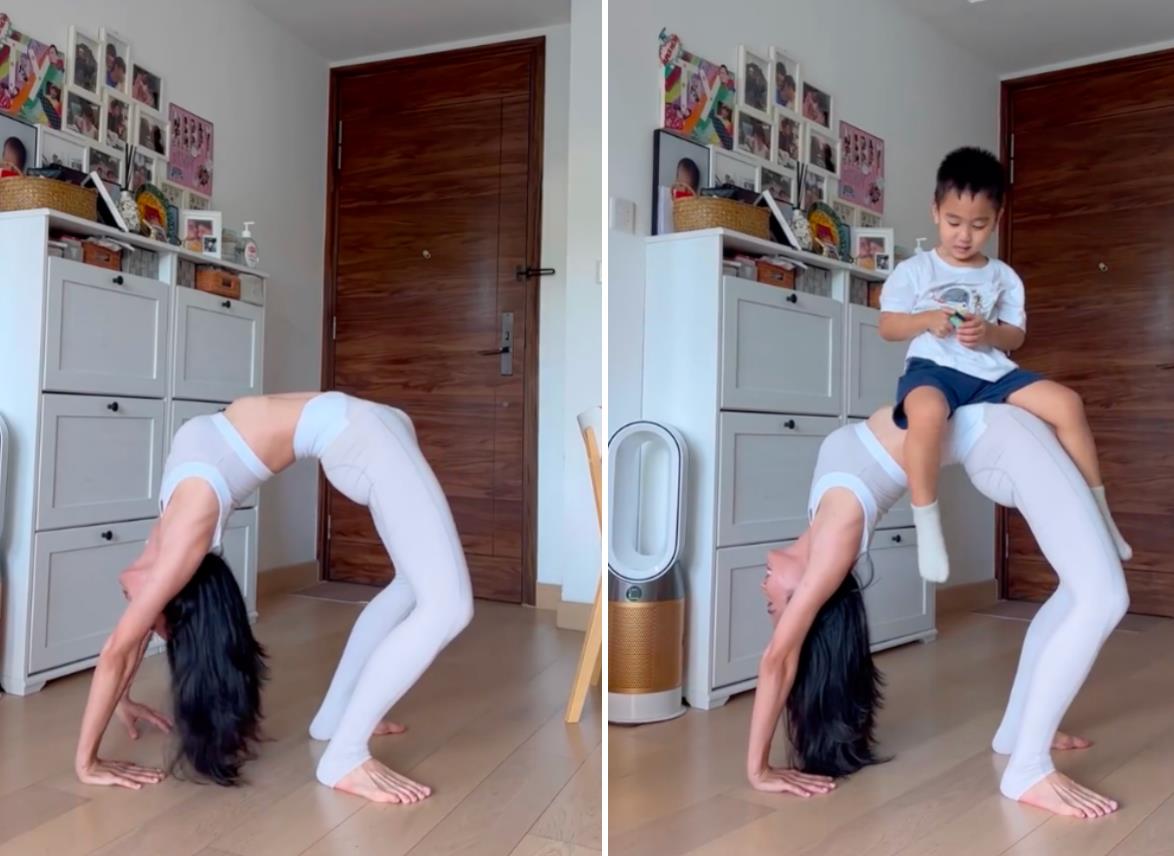 林芊妤被儿子趴在身上，两人对嘴引起热议！