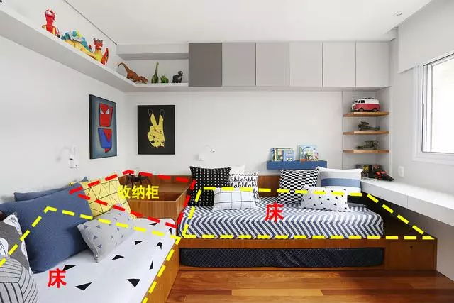 儿童房不做上下铺，现在流行2张床靠墙放，中间转角收纳柜