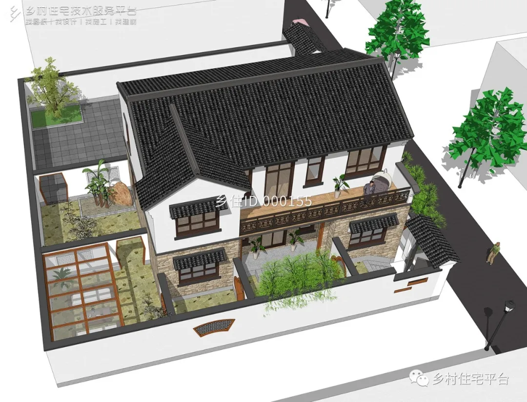 乡住免费图纸 土建造价参考37.6万,面宽13.4m×进深9.2m 二层新中式风格别墅