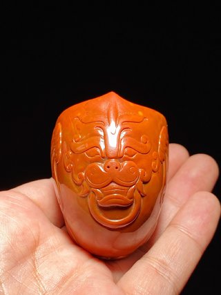 玛瑙|苏作 红缟玛瑙 兽面纹 兽首杯