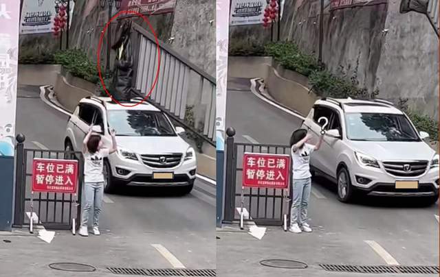 湖南女生在小区门口玩手机，小车从旁边经过，女生外套不翼而飞