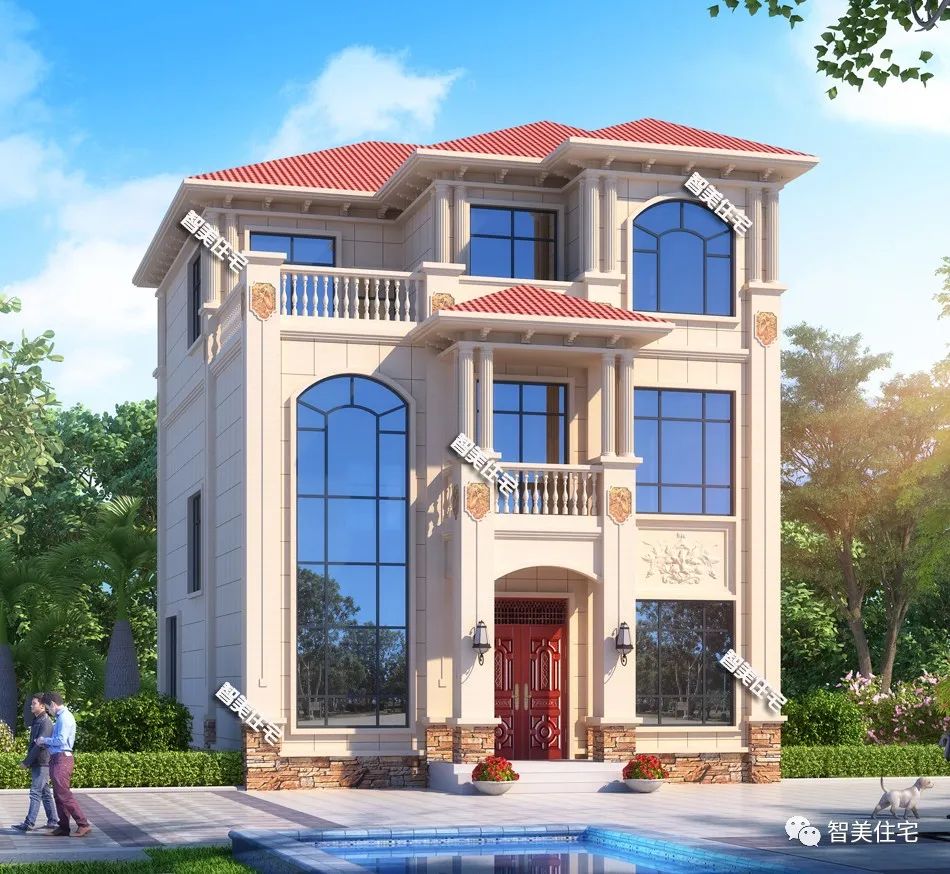 面宽9.8米,带旋转楼梯的简欧别墅,房子盖得漂亮会很有面子