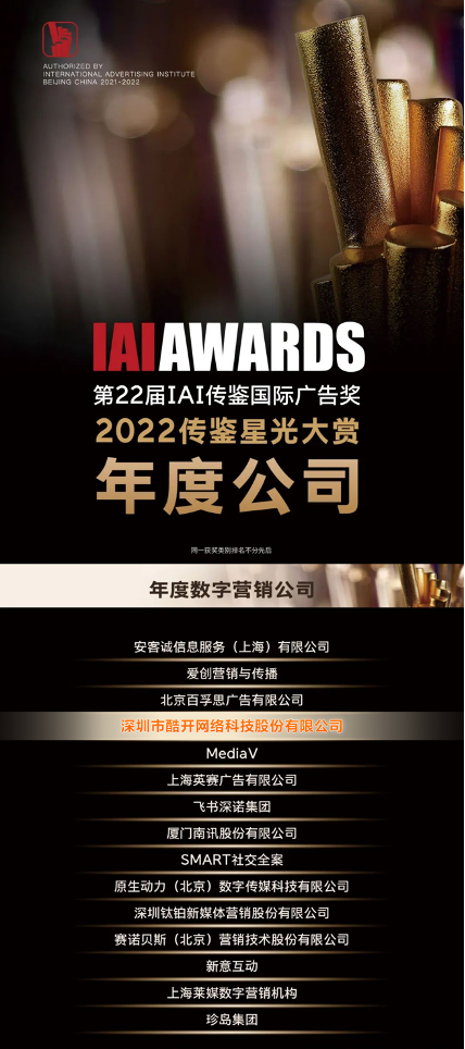|大屏营销助力商业繁荣，酷开科技斩获IAI传鉴年度数字营销公司奖