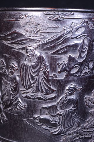 文房|老紫檀木雕“孔子传道”文房笔筒。