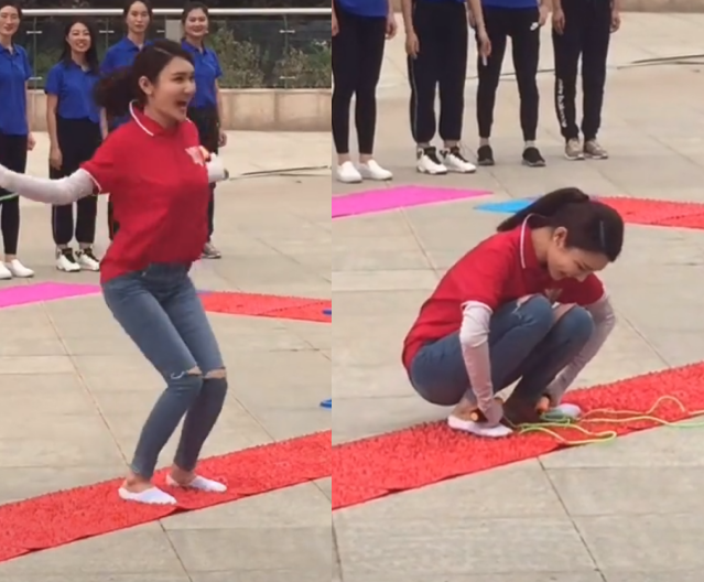 龙洋|央视龙洋指压板上跳绳!穿破洞裤长腿纤细,没站稳吓到失声尖叫