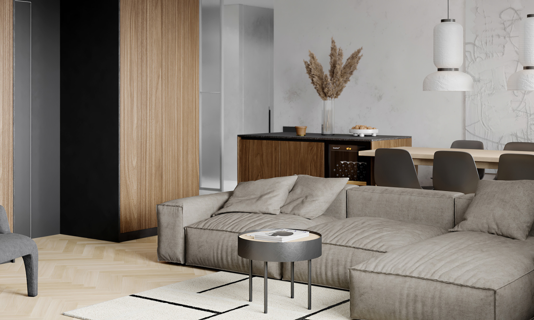 78㎡现代公寓一体式壁面覆盖壁龛形成视觉上的连续