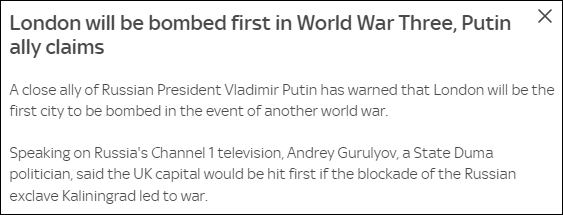 俄罗斯联邦国家杜马副主席古鲁廖夫：若爆发第三次世界大战，俄军将首先轰炸伦敦