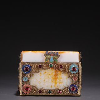 和田玉籽料|旧藏·和田玉籽料雕诗文包纯银鎏金拉丝烧蓝印章摆件