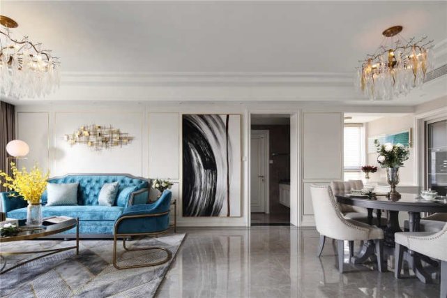 99平现代风三居室,客厅金色的应用无处不在彰显着主人的精致