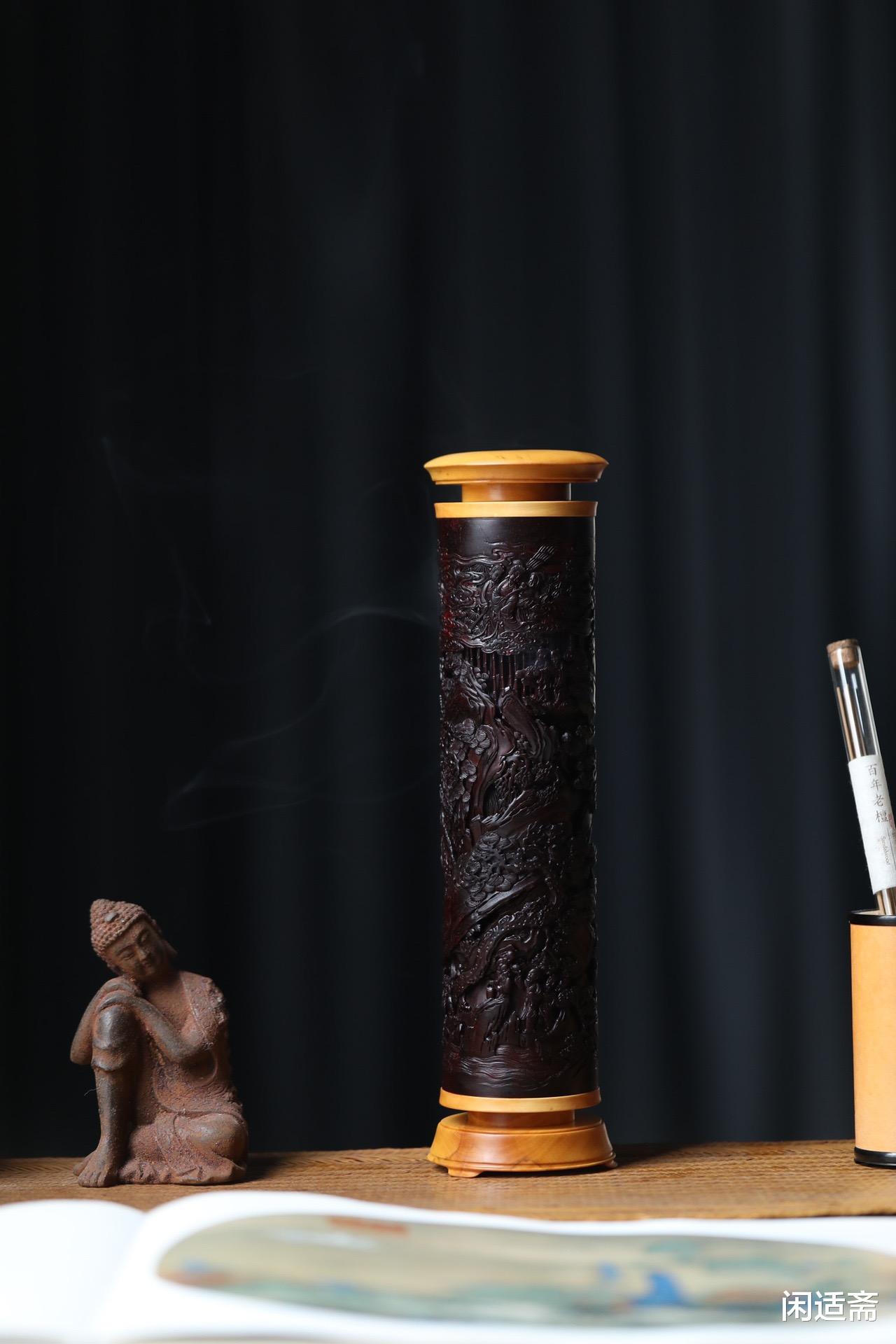 黄杨木|雅室清玩，紫檀镶黄杨木，群仙祝寿图，香筒