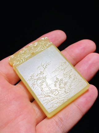 玉籽料|清中期 和田玉 黄玉籽料 溪山高隐图 诗文牌 宏晋款 拨划工