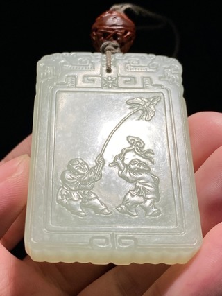 和田玉籽料|清 和田玉籽料 双童 童子 诗文牌 文珍牌