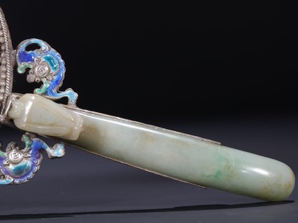 翡翠|旧藏【银烧蓝镶和田玉松石 翡翠龙钩把 手镜】